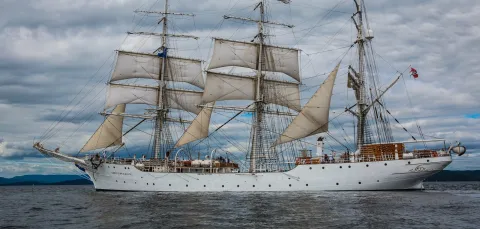 White three masts ship sailing near the shore