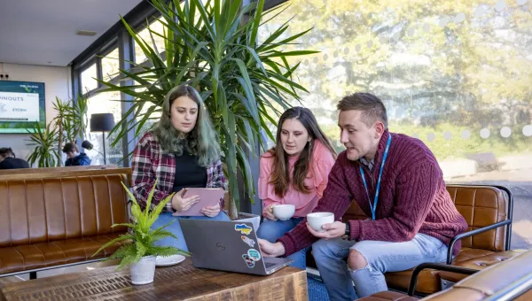 3 students from the Accessibility Allies team sitting in the café at Highfield Campus, gathered around a laptop in discussion.