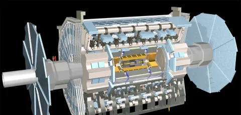 The ATLAS detector, the largest particle detector at the Large Hadron Collider (LHC), the world's largest atom smasher. 