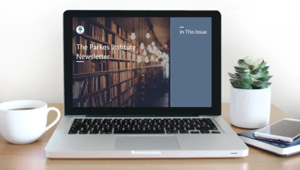 A computer screen showing the Parkes Institute newsletter