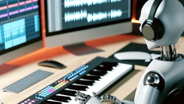 An AI-generated image of a humanoid robot sitting at a desk in a music studio. It is playing notes on a musical keyboard, as recording software displays the soundwaves being recorded on 2 computer monitors.