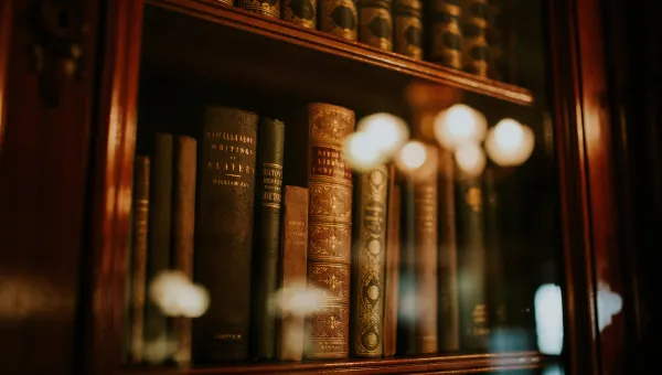 Bookcase with reflection on glass cabinet