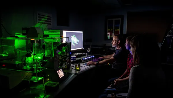 A group os scientists pour over the results of a confocal lightsheet microscopy image