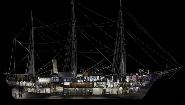 A digitally rendered cross-section of the RRS Discovery showing the different levels and holds of the ships interior