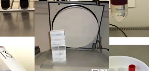 A collage of laboratory test tubes and equipment in various settings.