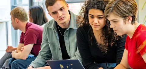 BA Modern Languages (1 Language) and Politics students using a computer