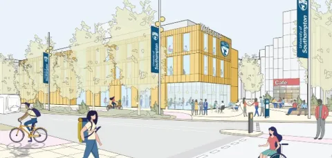 An architects mockup of the proposed new STEM building on highfield campus. A multistory building in yellow facade with wide accessible pathways, communal areas and it's own cafe, lined by trees 