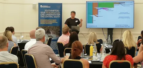 A man standing next to a presentation screen showing an illustration of outcomes in housing judicial reviews. There is a seated audience in front of him. 
