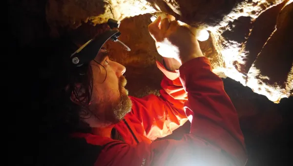 A person wearing a red jacket uses a small tool to examine or scrape the surface of a cave wall. Bright light illuminates the rocky texture above their hands.
