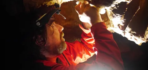 A person wearing a red jacket uses a small tool to examine or scrape the surface of a cave wall. Bright light illuminates the rocky texture above their hands.
