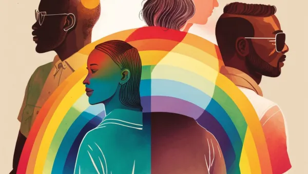 four people stood aside a rainbow