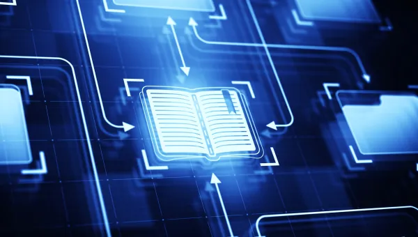 A digital illustration of an open book icon with arrows and folders on a blue grid background.
