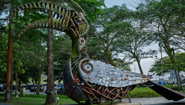 Recycled metal hornbill sculpture in Iskandar Puteri, Malaysia.