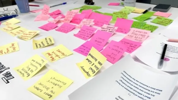 Table covered with colourful sticky notes, a notebook, papers, and coffee cups.