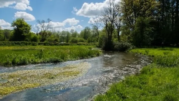 A stream curves through green meadows under a blue sky with clouds.