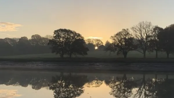 Sunrise over a calm lake with trees reflected in the water.