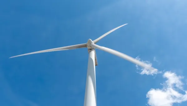 A wind farm shot from the ground