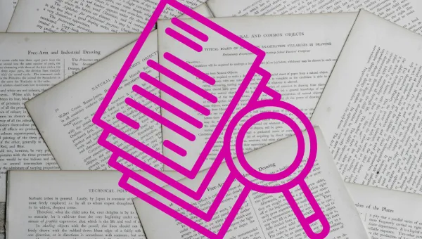 A magnifying glass inspects papers