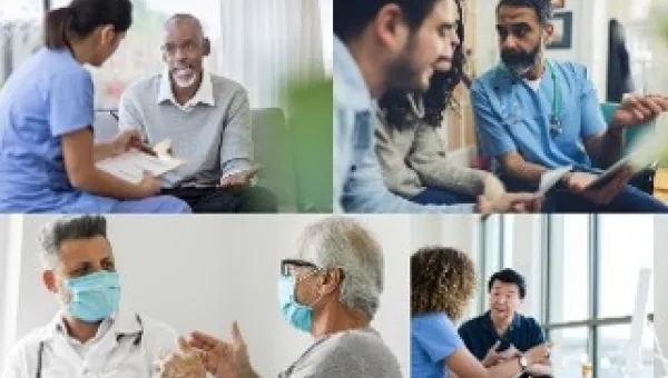 A collage of four healthcare interactions showcasing professionals and patients in various settings, including discussions and consultations.
