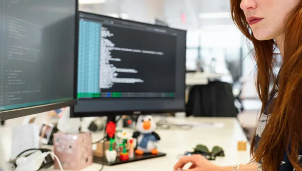A person is seated at a desk working