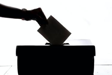 A silhouette of a hand depositing the holder's vote into a ballot box.