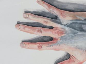 Painted image of an outstretched hand with grey colouring on the back of it.
