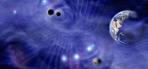 An artist's impression of 2 black holes spinning in space, alongside Earth and the moon.