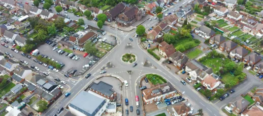 An aerial shot of a UK town, with some signs economic fortunes are not strong such as underused spaces