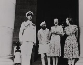 Jawaharlal Nehru, and Lord and Lady Mountbatten on the steps of Government House in Delhi, 1948