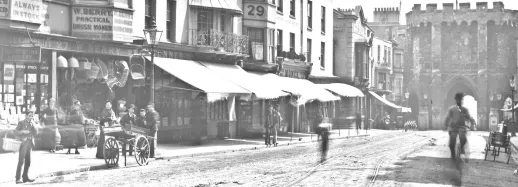 A nineteenth century image of the High Street leading to the Bargate in Southampton