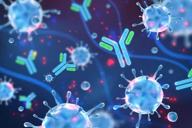 Stylized illustration of a microscopic view featuring virus particles and antibodies with a blue gradient background, creating an impression of a biological response.