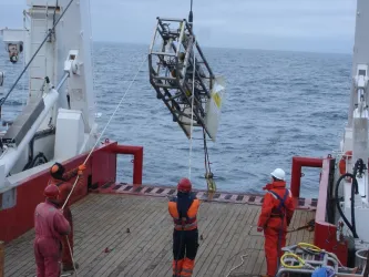 The DASI deep-towed electromagnetic transmitter system being deployed at sea
