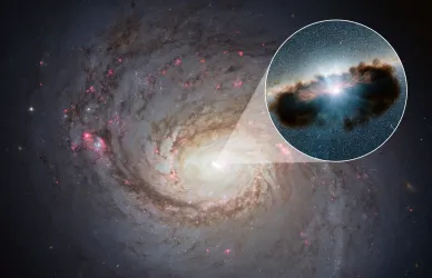 A satellite image of a galaxy, with a box zooming in on the centre and revealing a supermassive black hole hidden behind a cloud of gas and dust.