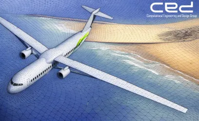 Computer-generated mesh model of an airplane over a coastal landscape.