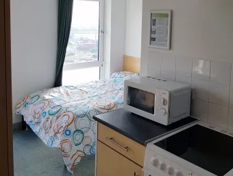 View of a studio flat showing a double bed in front of a large window. A kitchen area with microwave and oven is also partially visible.