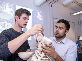 Two students look inside a human skull in the clinical skills suite