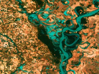 A satellite image of a river delta.