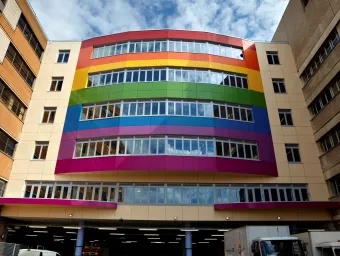 Outside of Southampton General Hospital, featuring a rainbow façade.