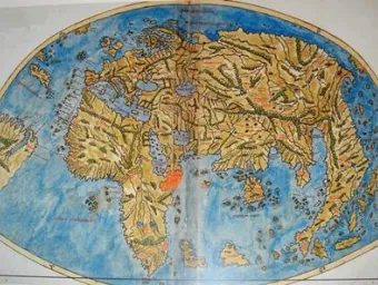 A historic map of the world, in which the continents look different to how they are shown on maps today