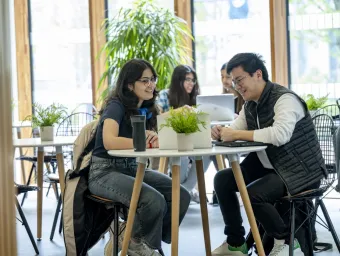 Two social sciences students chat together in a university cafe