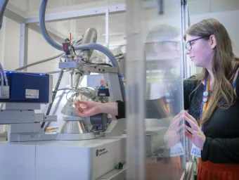 A member of the National Crystallography Service team centres a sample on one of our state-of-the-art single crystal X-ray diffractometers.