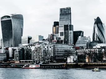 The high rise towers of London's financial heartland, as seen from the River Thames