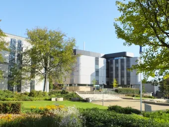 Life sciences building 85, viewed from gardens on a sunny summer day