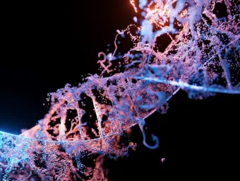 3D rendering of a DNA double helix with blue and pink particles on a dark background.