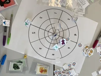A tabletop is covered with a circular target diagram surrounded by small illustrated tokens, cards, and dice, suggesting a game or activity in progress. Colorful pens and laminated cards with text and images are scattered around the setup.