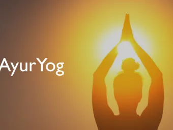 Title of project, AyurYog, written over silhouette of person in yoga pose