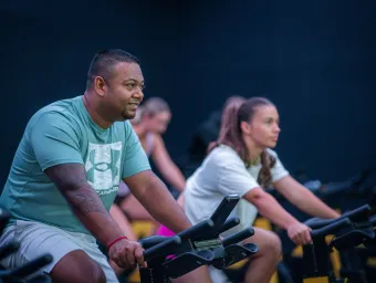 A group spin class session.