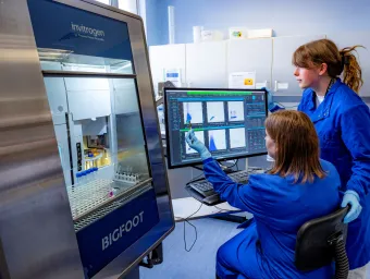 A senior researcher mentors a junior researcher in the use of a system