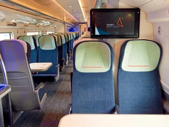 Interior of a passenger train carriage with rows of seats used to study ride comfort and vibration effects