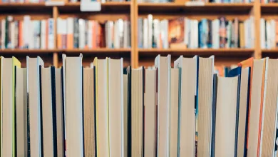 A row of books in a library, with their spines turned away from the viewer